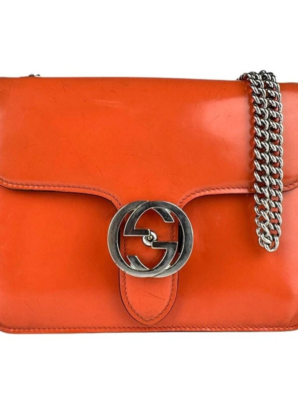 Auth GUCCI Interlocking G Chain Shoulder Bag Orange/Silver Leather/Metal - z9197